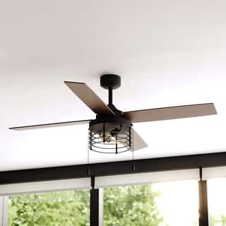 Rowan 52 in. Black Ceiling Fan with Reversible Driftwood-Black Walnut Blades, LED Light Kit and Pull Chain, Wire Cage Drum Shade