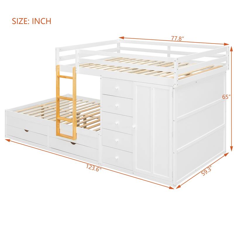 Roomfitters Full Size Bunk Bed with Drawers and Mini Wardrobe, Solid Wood