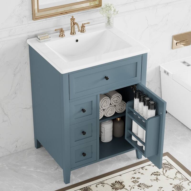 24" Gray Blue Bathroom Vanity with Sink, MDF & Rubberwood Construction, 3 Drawers & Cabinet with Adjustable Shelves