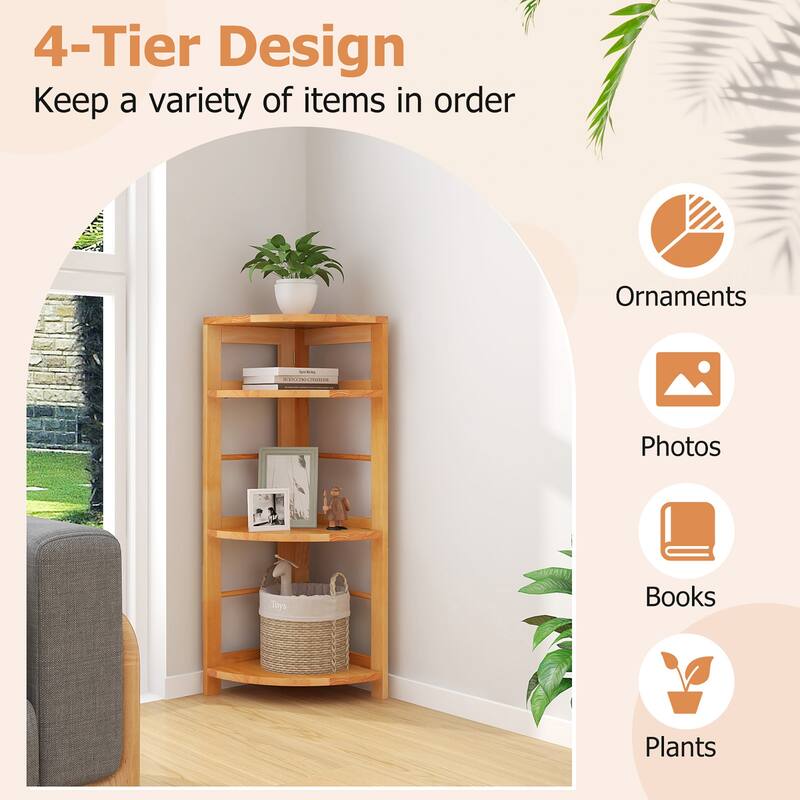 Gymax 2PCS 4-Tier Corner Shelf w/ Rubber Wood Frame Anti-Toppling Kit