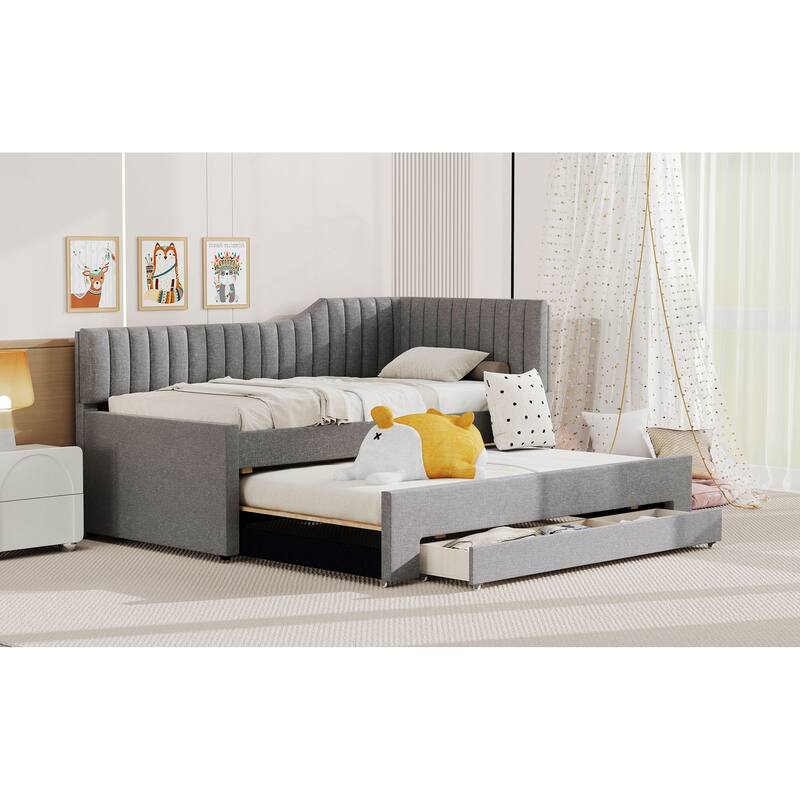 Twin Size Daybed Bed Frame with Linen Upholstered Backrest and Three Drawers, Pull-out Trundle Bed w/Slatted Support