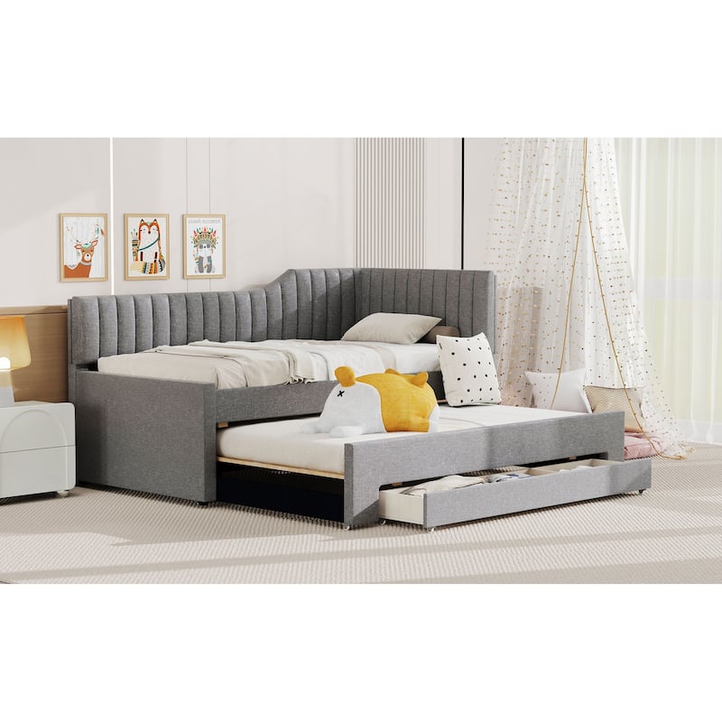 Twin Size Upholstered Daybed with Trundle and 3 Storage Drawers, Linen Blend Fabric