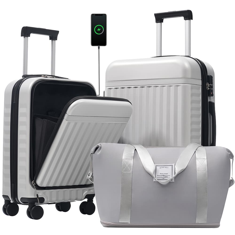 Front Opening Luggage Set 3 Piece,USB Port, Expandable Luggage with Handle Bag Spinner Wheels TSA Lock