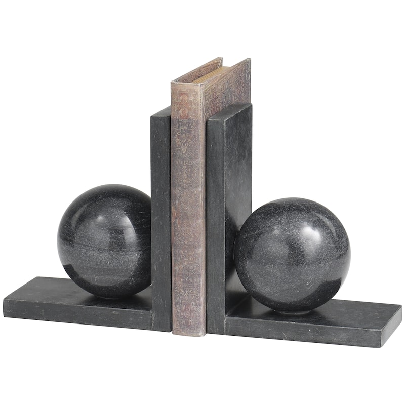 Marble Geometric Sleek Orb Decorative Bookends with L- Shaped Bases - Set of 2 White, Black, Gray - Roche River Decor - Black - 6"W, 7"H