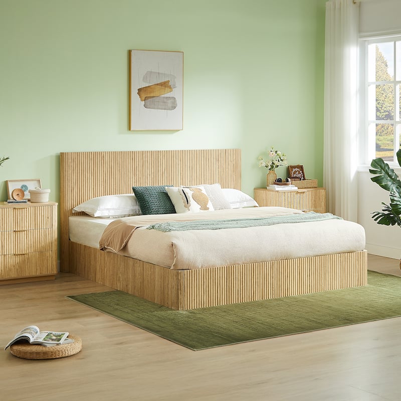 Hydraulic Lift Storage Bed Frame with Headboard/Wooden Corrugated Platform Bed Frame/No Box Spring Needed/Noise-Free Design/King