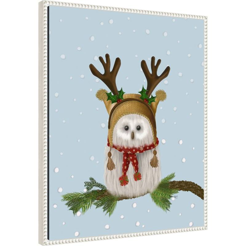 Christmas Fluffy Owl and Antlers by Fab Funky (23 x 28 in.), Framed Canvas Wall Art Print - Sylvie Beaded White