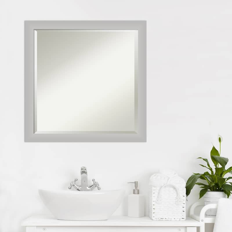 Beveled Wood Bathroom Wall Mirror - Low Luster Silver Frame - Low Luster Silver