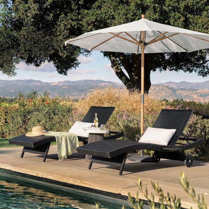 80"Patio Chaise Lounge Chairs Set of 2, Rattan Reclining Chair w/Rolling Wheels & Pull-out Side Table, Adjustable Backrest