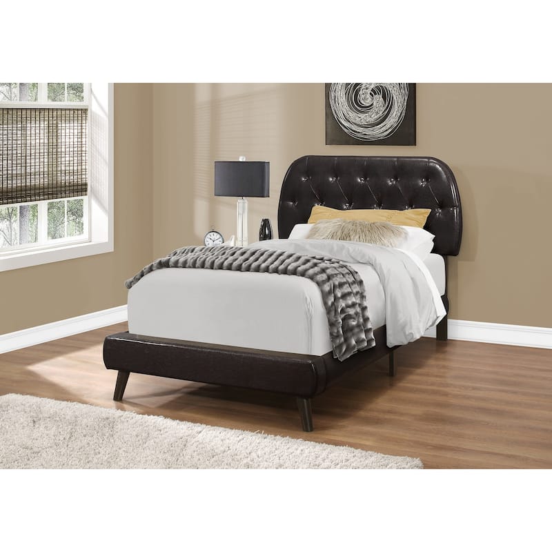 Twin Size Upholstered Bed with Brown Leather Look Headboard and Wood Legs - Brown