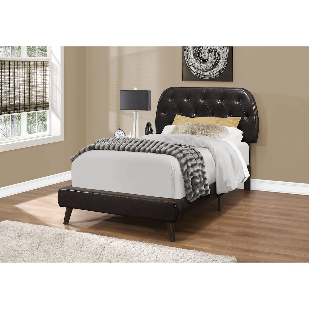 Twin Size Upholstered Bed with Brown Leather Look Headboard and Wood Legs