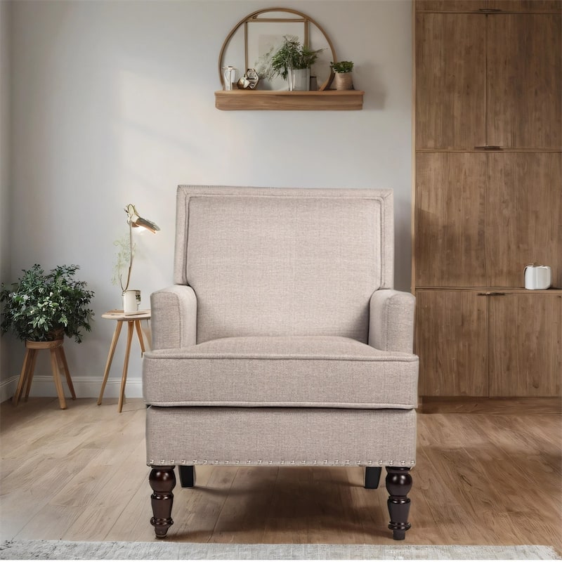 Linen Upholstered Accent Chair with Nailhead Trim and Wood Frame