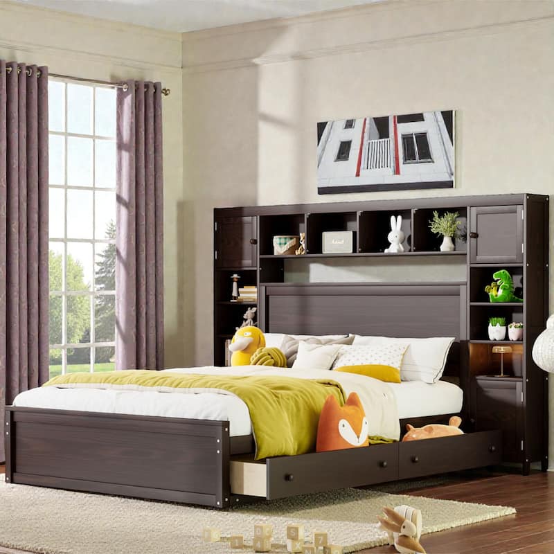 Queen Size Wooden Platform Bed with Storage Drawers, Shelves and Built-In Outlets, All-in-One Headboard Bed - Espresso - Queen