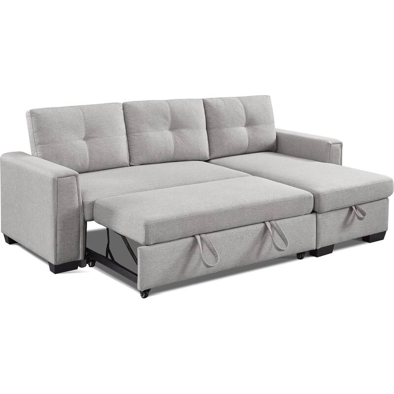 HomeRoots 92" Light Gray Polyester Blend Convertible Futon Sleeper Sofa With Black Legs - 92
