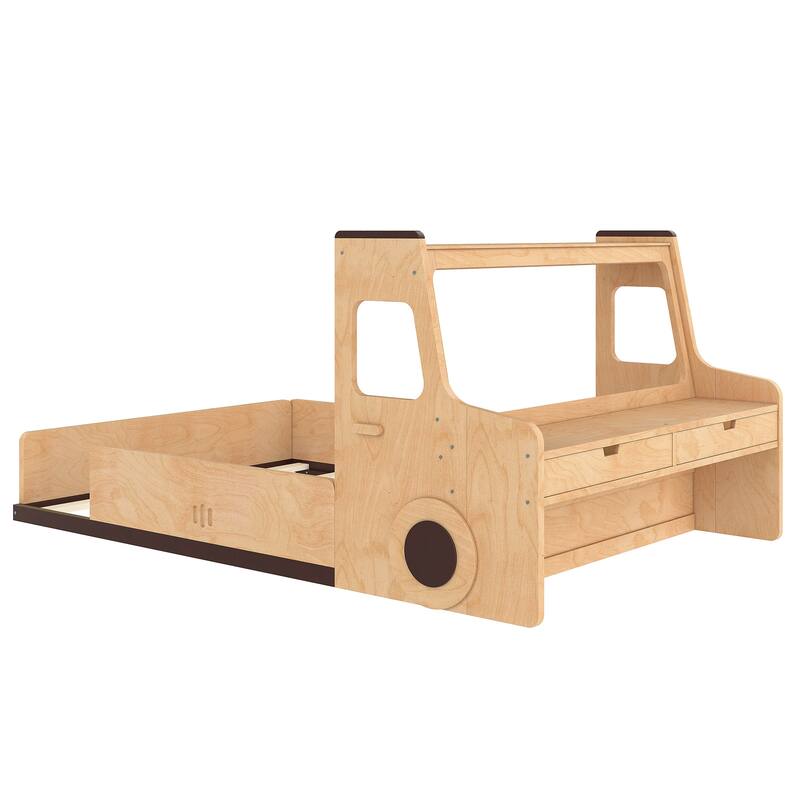 Full Size Floor Bed with Interesting Car-shape Design, Kids Car Floor Bed with Storage Drawers, Window