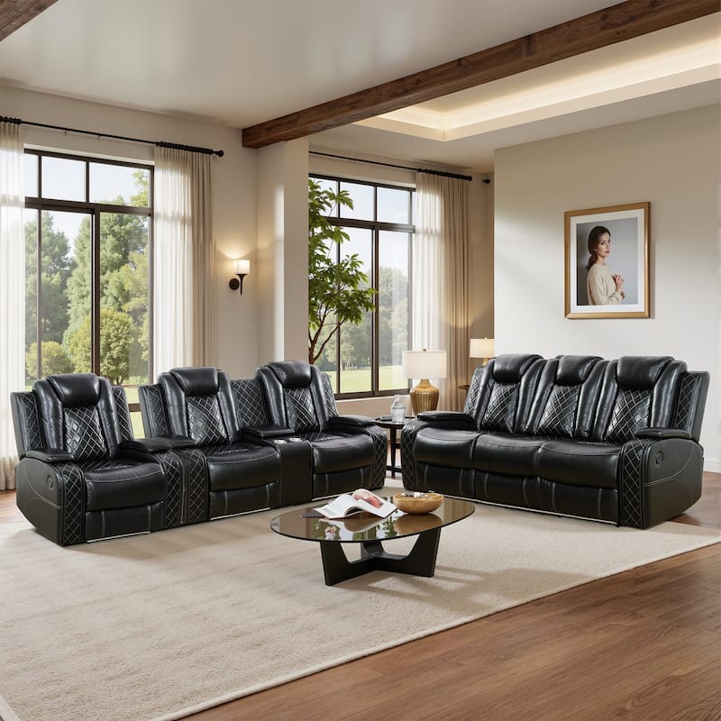 Modern 3-Piece Leather Recliner Sofa Set with LED, Wireless Charging