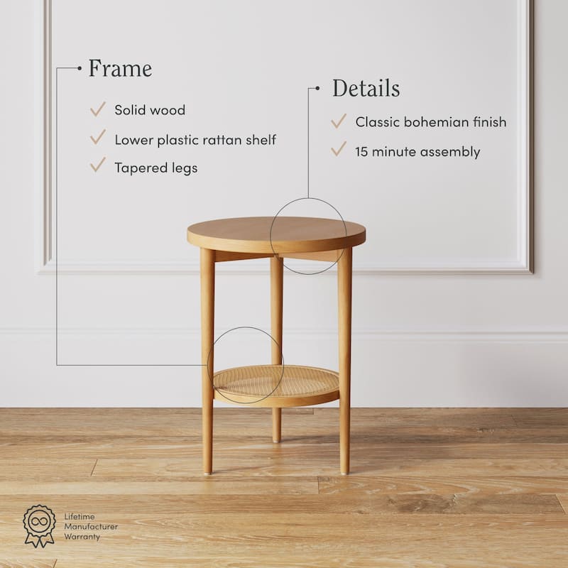 Nathan James Sonia Bohemian 2-Tier Round End Table in Light Wood With Rattan Storage Shelf