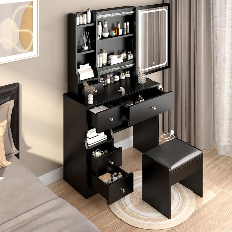 Left Drawer Makeup Vanity with LED Mirror and USB Power Station and Cushioned Stool