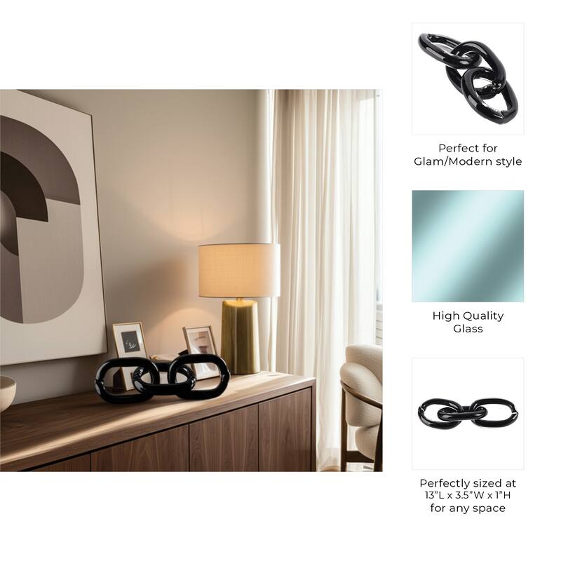 Glass Sculpture Modern Chain Link Decorative Figurine - 13" Black - 13" x 3.5" x 1"