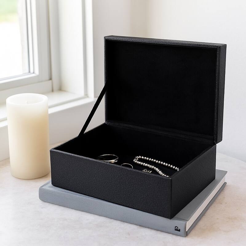 Faux Leather Storage Boxes Handles Modern Design (Set of 2) - 5" Black - 11" x 8" x 5"
