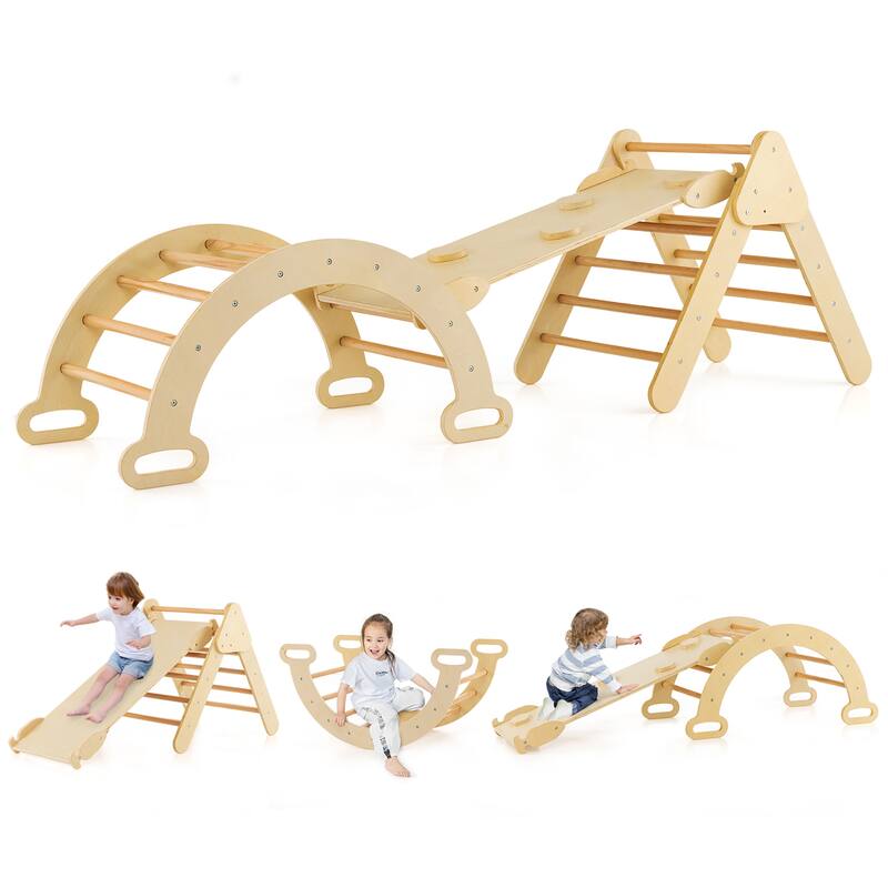 Costway 3-in-1 Kids Climber Set Toddler Wooden Play Arch with Sliding - See Details - See Details - Brown