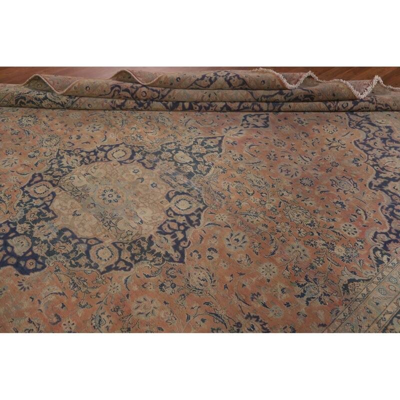 Distressed Kashan Persian Antique Area Rug Handmade Wool Carpet - 9'9" x 13'3"