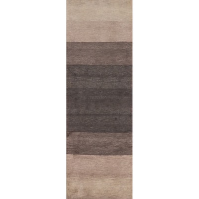Hand Knotted Oriental 100% Wool Carpet Modern Stripe Brown Gabbeh Runner Rug - 9' 9'' X 2' 9''