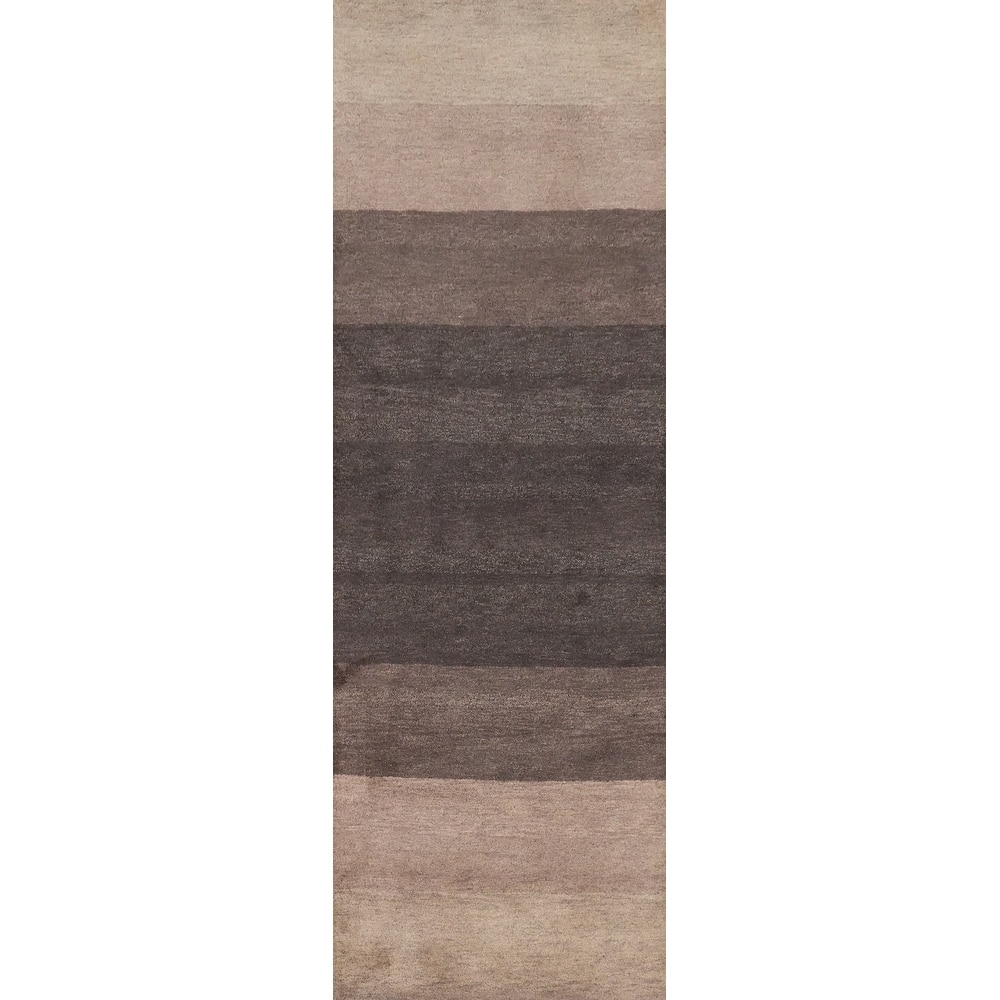 Hand Knotted Oriental 100% Wool Carpet Modern Stripe Brown Gabbeh Runner Rug - 9' 9'' X 2' 9''