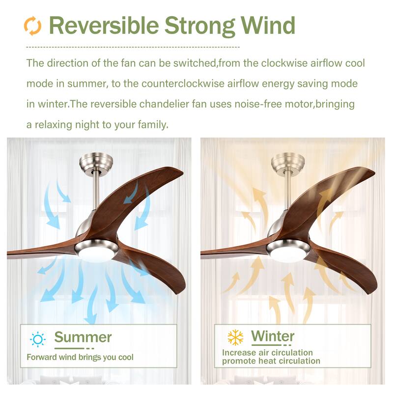 52" Solid Wood Blades Ceiling Fan With Light with Remote Control, Noiseless Reversible Motor, 6 Speed, 3 Color
