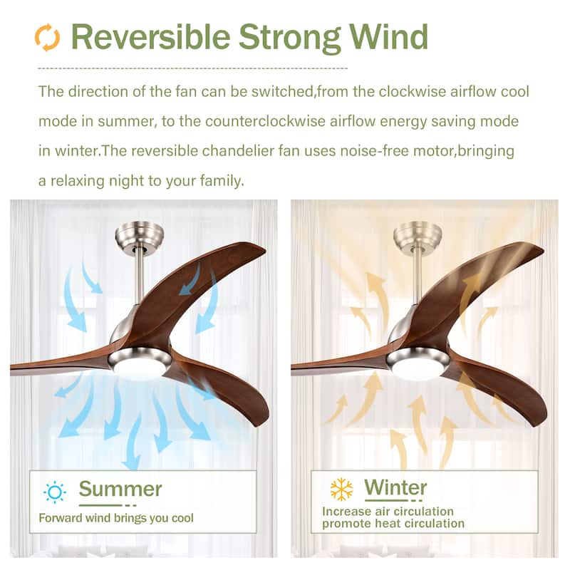 52"Ceiling Fan, Solid Wood Blades Ceiling Fan With Light with Remote Control,Noiseless Reversible Motor,6 Speed,3 Color