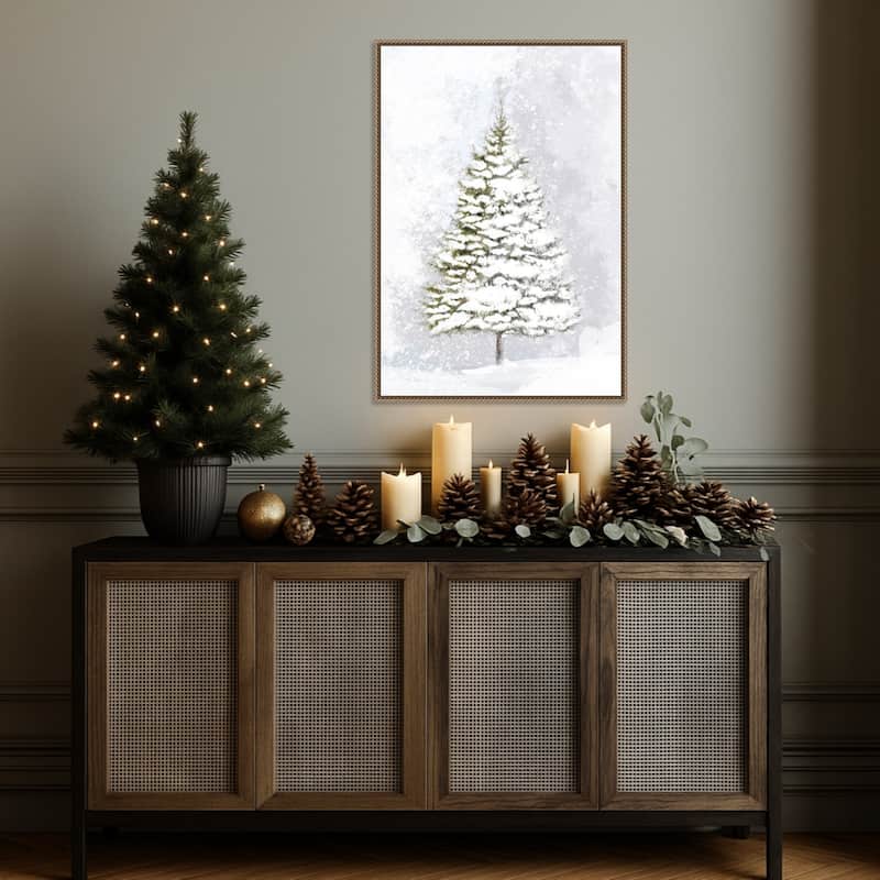 Lone fir in the snow by Rosana Laiz Blursbyai Framed Canvas Wall Art Print - Sylvie Beaded Dark Gold
