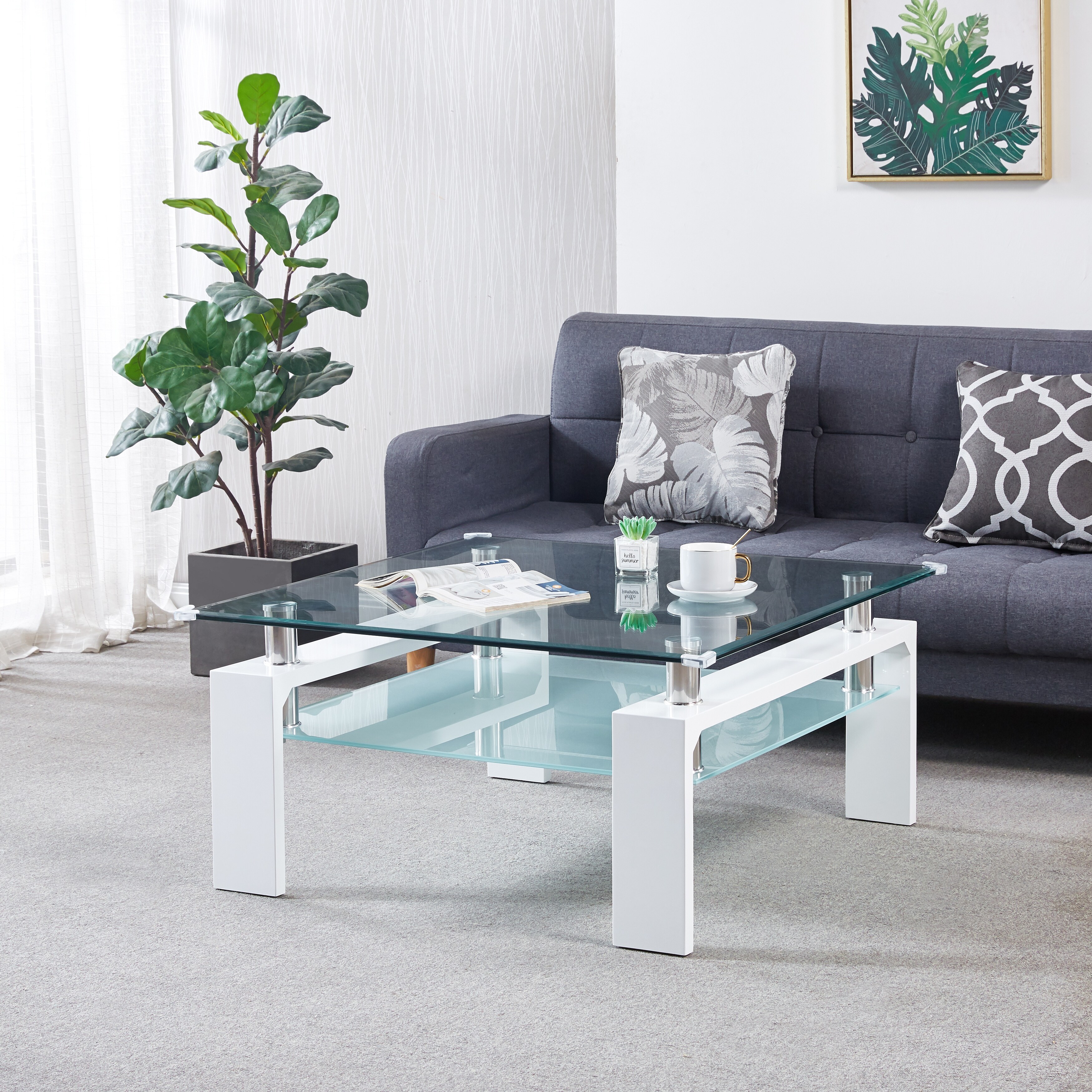 Global Pronex Square Double-Layer Coffee Table with Tempered Glass Top