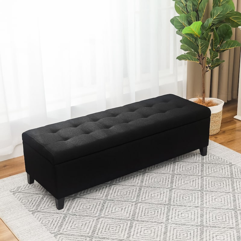Adeco 50" Bonded Leather Storage Ottoman Bench - Black-Linen-with-Black-Legs