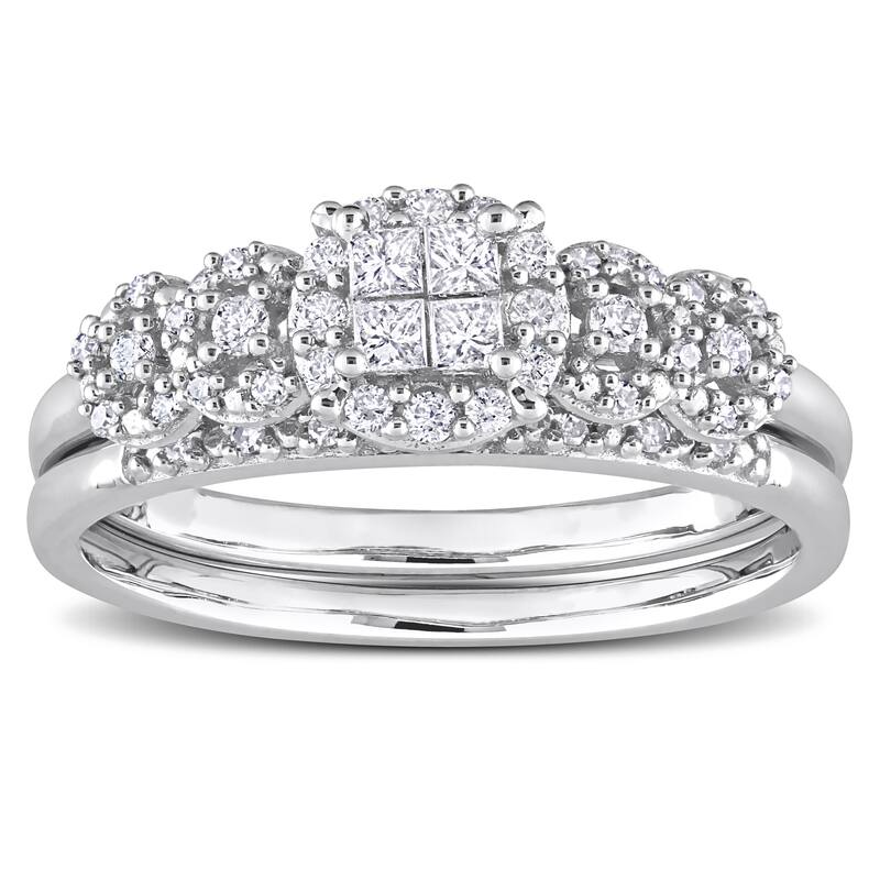 Miadora 10k White Gold 1/3ct TDW Diamond Cluster Bridal Ring Set
