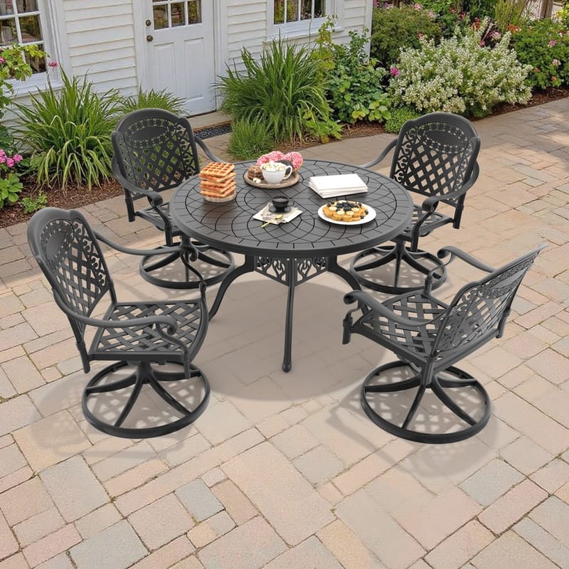 5-Piece Aluminum Round Outdoor Patio Dining Set, 4 Cushioned Swivel Chairs, Table, All-Weather Frames