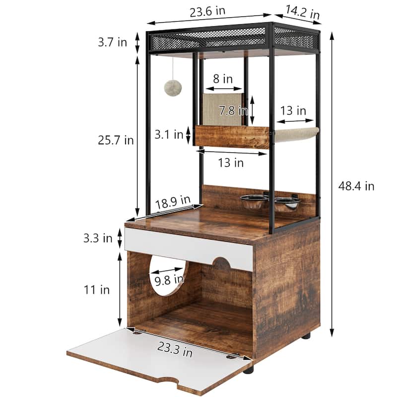 Hidden Cat Litter Box Enclosures with Cat Tree Tower - White+Vintage