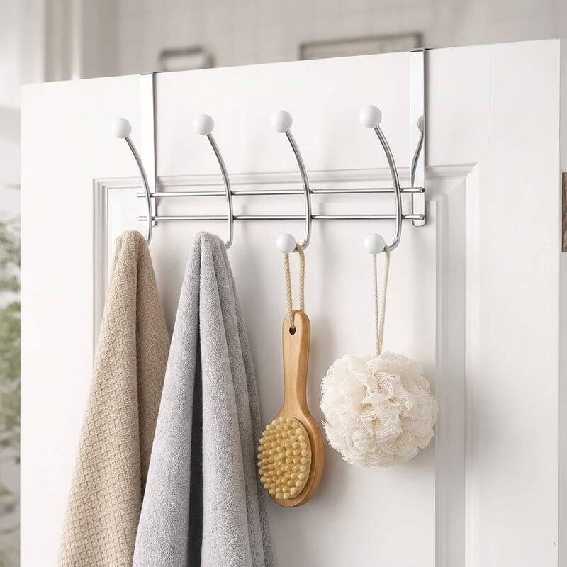Over The Door Hook Rack with 8 Ball Ends - 15 L x 4 W x 7.5 H - Chrome/White