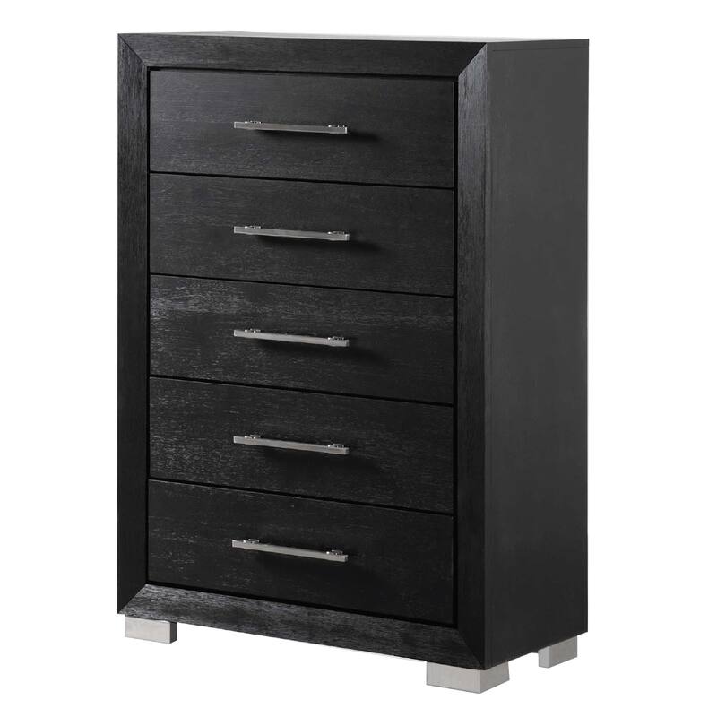 Ashen Tall Dresser Chest, 5 Drawers, Black Solid Wood, Chrome Metal