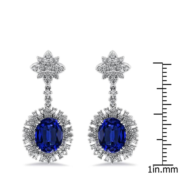 Auriya Fancy 7 1/4ct Royal Blue Sapphire Oval and 1 3/4ctw Halo Diamond Dangle Earrings 18K Gold