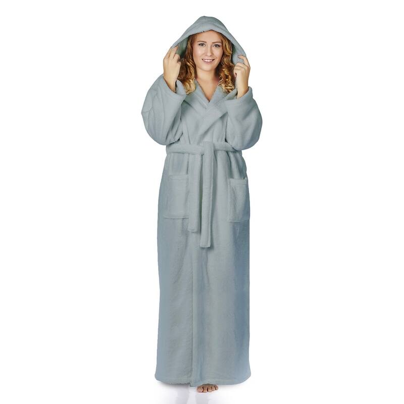 Women's Hooded Premium Fleece Full Length Bathrobe Soft Plush Robe - Small Ankle Length - Seafoam
