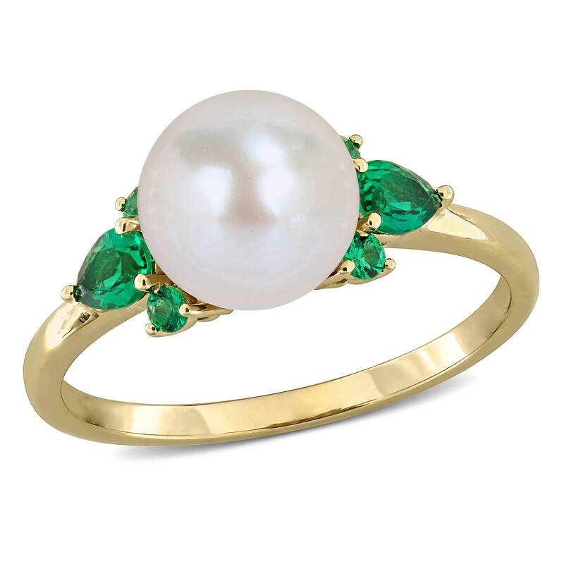 Miadora Cultured Freshwater Pearl and Gemstone Ring White or Yellow 14k Gold - Green - 6