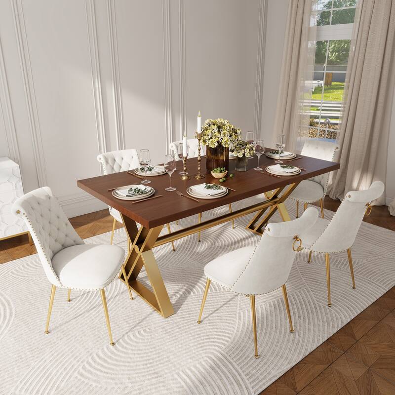 7-Piece Clihome Walut Wood Dining Table with Velvet Chair Dining Chair - Beige