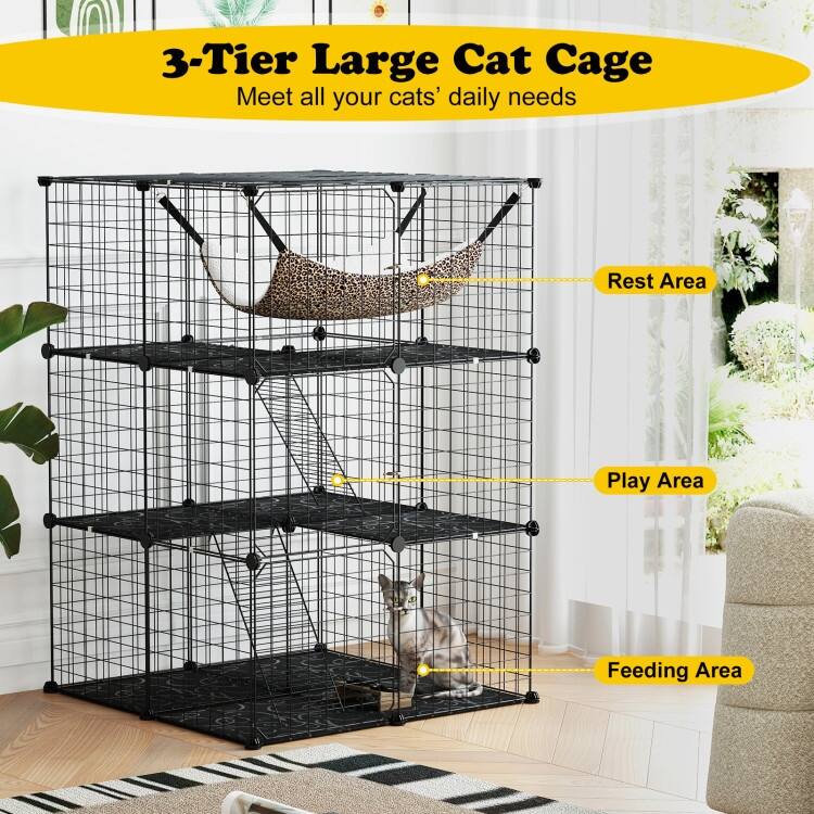 Black PP Metal 3-Tier Cat Cage with DIY Assembly, Hammock and Multi-Platform Playpen
