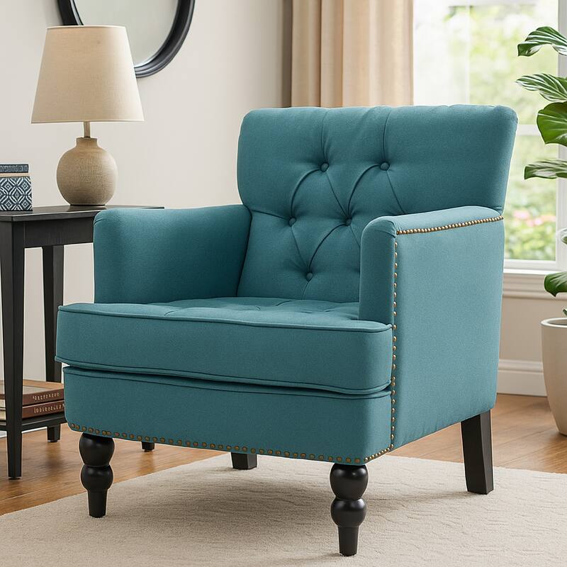 Lit Accent Club Armchair, Tufted Teal Fabric, Black Wood, Turned Legs