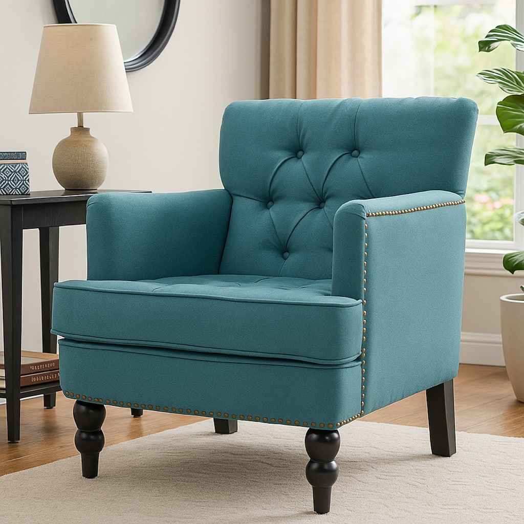 Lit Accent Club Armchair, Tufted Teal Fabric, Black Wood, Turned Legs