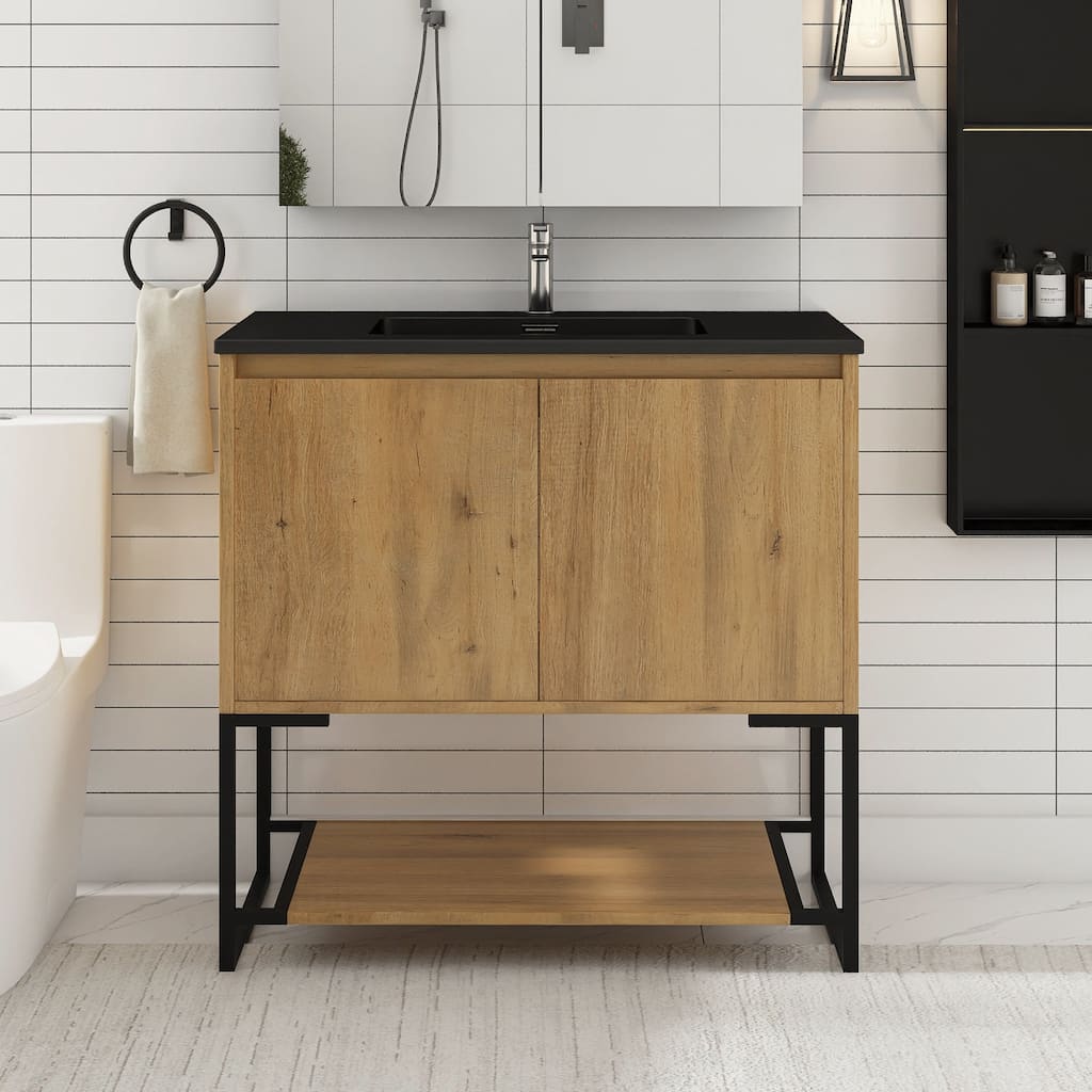 Freestanding Bathroom Vanity Set in Oak with Integrated Solid Surface Sink