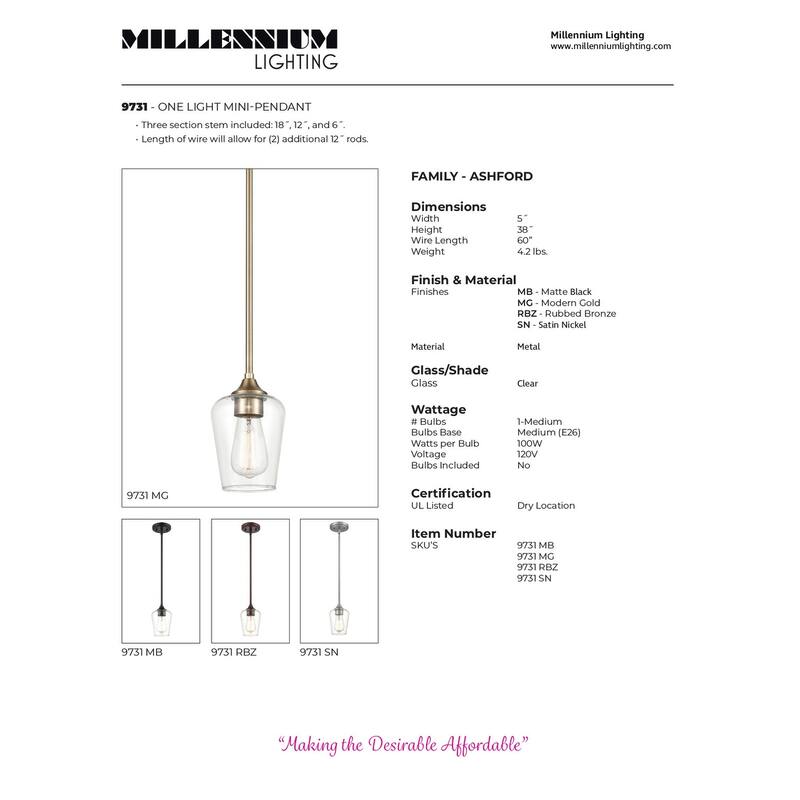 Millennium Lighting Ashford 1 Light Mini-Pendant in Multiple Finishes with a Clear Glass Shade