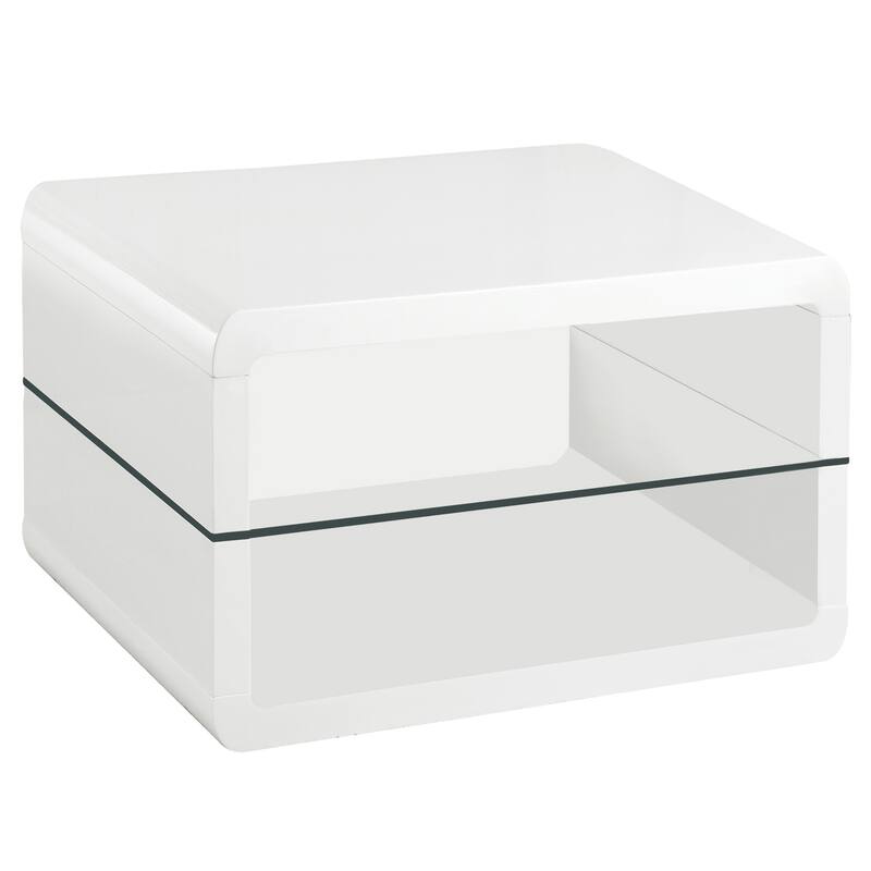 Modern 2-Shelf End Table - White Cube Design with Glass Shelf - Living Room Accent Table - 15.75