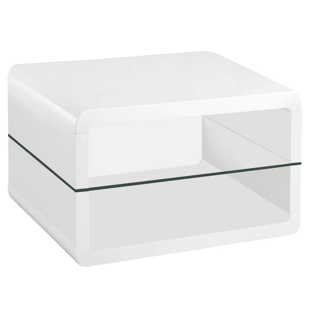 Modern 2-Shelf End Table - White Cube Design with Glass Shelf - Living Room Accent Table - 15.75