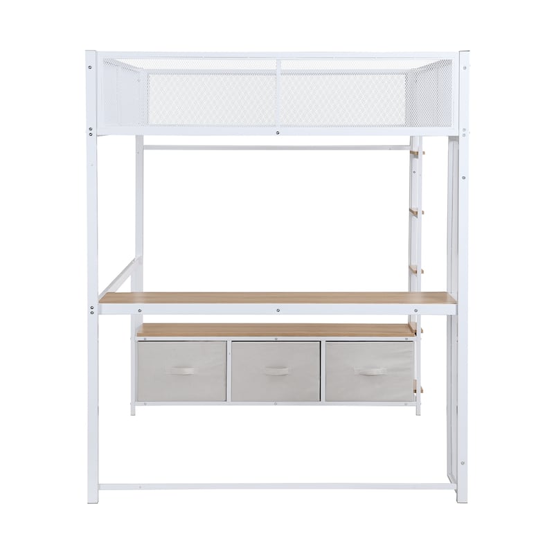 Full Size Metal Gaming Loft Bed with 16-Color LED, Study Desk & 3 Storage Drawers (400lb Capacity)