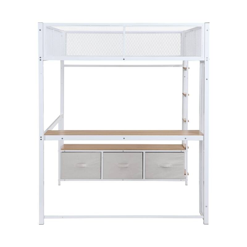 Full Size Metal Gaming Loft Bed with LED, Desk, Open Wardrobe and 3 Linen Storage Drawers, No Box Spring Needed for Kids, Teens